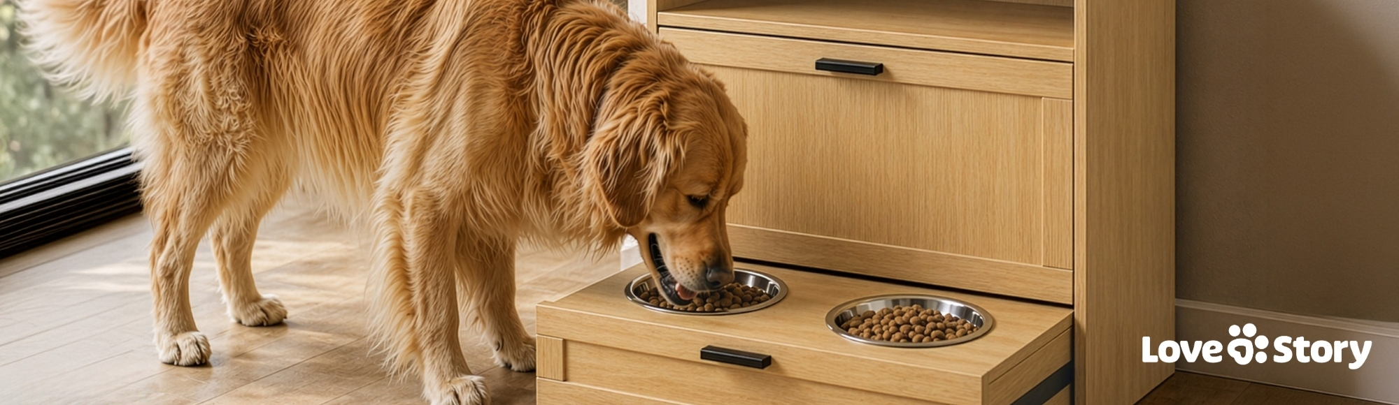 Love Story - Meuble repas pour chien en bois chêne